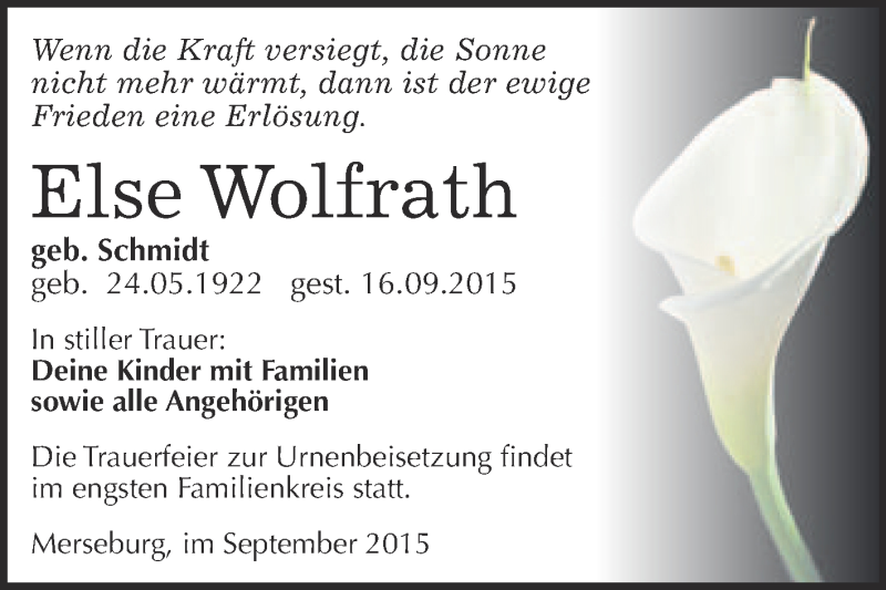  Traueranzeige für Else Wolfrath vom 19.09.2015 aus Super Sonntag Merseburg