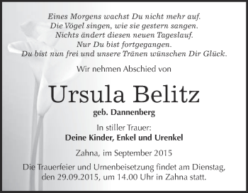 Traueranzeige von Ursula Belitz von Super Sonntag Wittenberg
