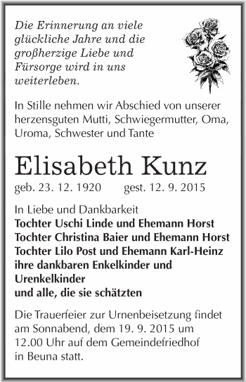 Traueranzeige von Elisabeth Kunz von WVG - Wochenspiegel Merseburg