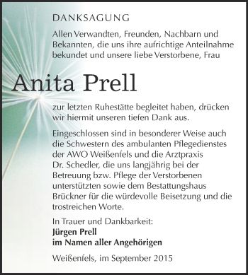 Traueranzeige von Anita Prell von WVG - Wochenspiegel NMB / WSF / ZTZ