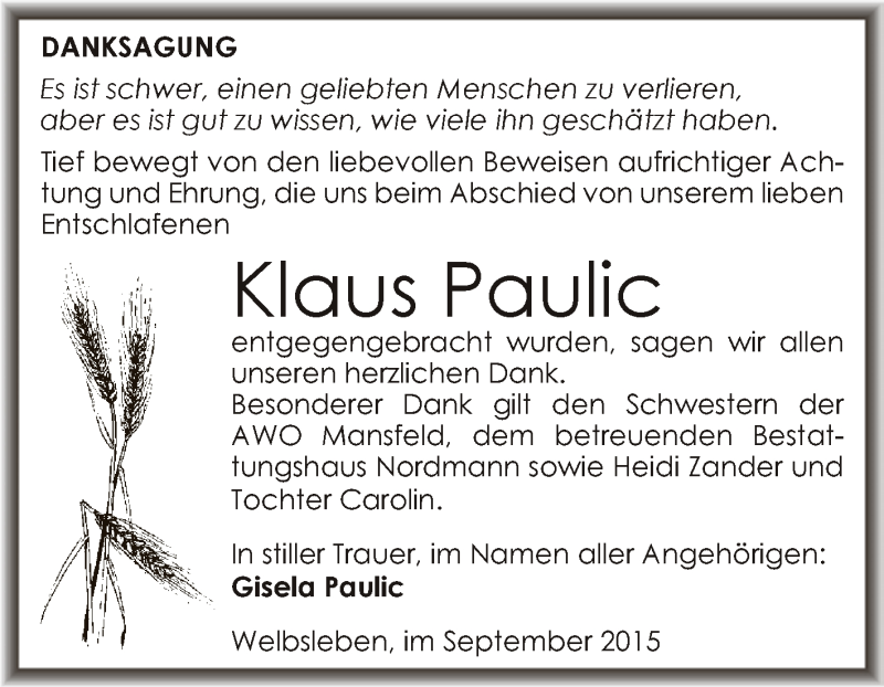  Traueranzeige für Klaus Paulic vom 19.09.2015 aus Super Sonntag SGH Mansf. Land