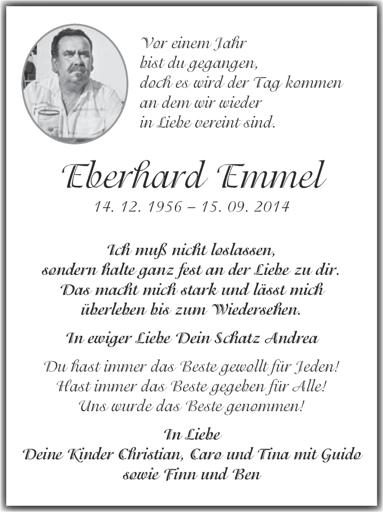  Traueranzeige für Eberhard Emmel vom 12.09.2015 aus Super Sonntag Wittenberg