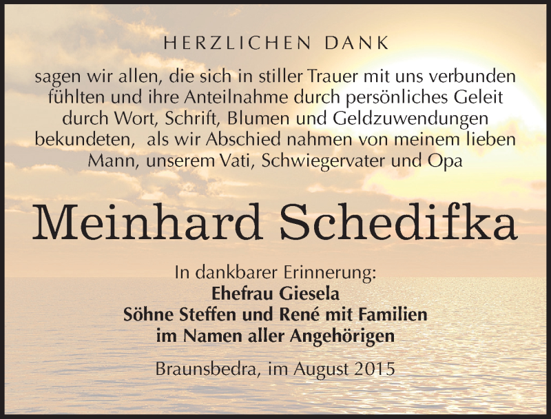 Traueranzeige für Meinhard Schedifka vom 05.09.2015 aus Mitteldeutsche Zeitung Merseburg/Querfurt