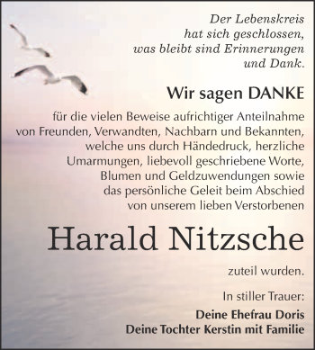 Traueranzeige von Harald Nitzsche von WVG - Wochenspiegel NMB / WSF / ZTZ