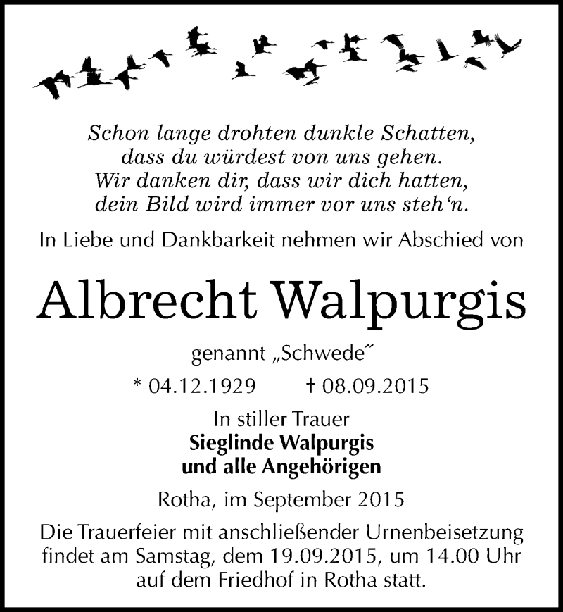 Traueranzeige für Albrecht Walpurgis vom 11.09.2015 aus Mitteldeutsche Zeitung Sangerhausen