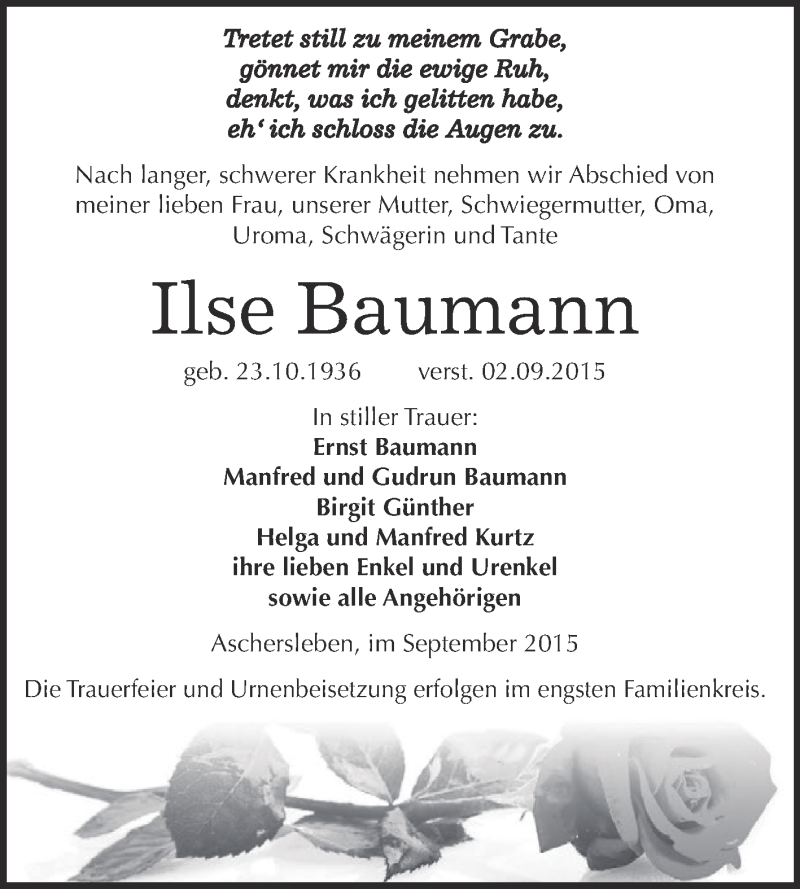  Traueranzeige für Ilse Baumann vom 09.09.2015 aus Super Sonntag Aschersleben
