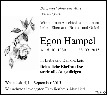 Traueranzeige von Egon Hampel von WVG - Wochenspiegel NMB / WSF / ZTZ