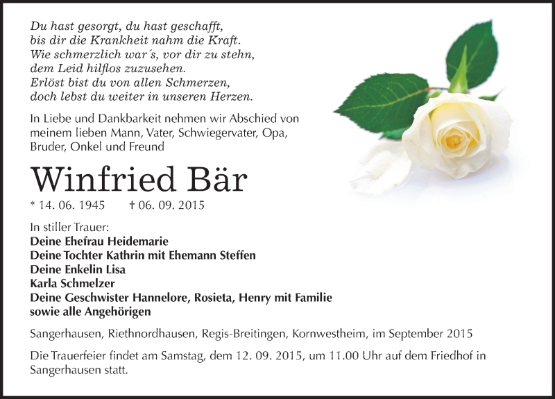  Traueranzeige für Winfried Bär vom 09.09.2015 aus Mitteldeutsche Zeitung Sangerhausen