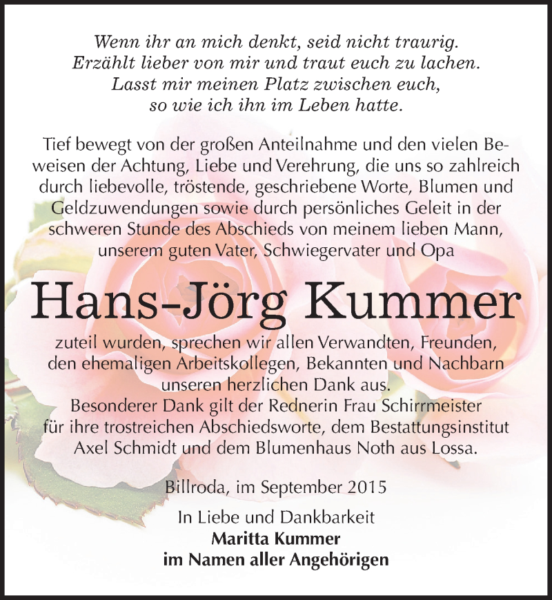  Traueranzeige für Hans-Jörg Kummer vom 08.09.2015 aus Mitteldeutsche Zeitung Naumburg/Nebra