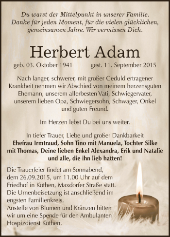 Traueranzeige von Herbert Adam von WVG - Wochenspiegel Dessau / Köthen