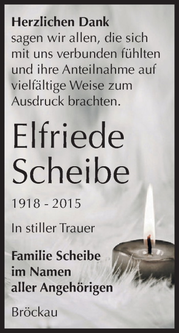 Traueranzeige von Elfriede Scheibe von Super Sonntag Zeitz