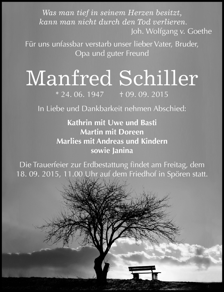  Traueranzeige für Manfred Schiller vom 16.09.2015 aus Mitteldeutsche Zeitung Bitterfeld