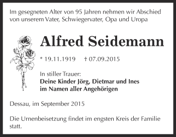 Traueranzeige von Alfred Seidemann von WVG - Wochenspiegel Dessau / Köthen