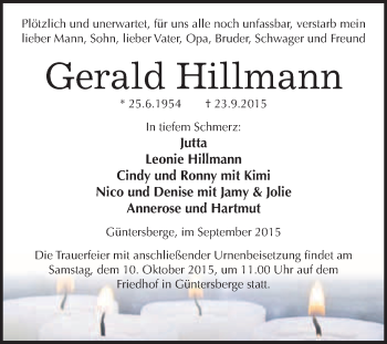 Traueranzeige von Gerald Hillmann von WVG - Wochenspiegel Quedlinburg
