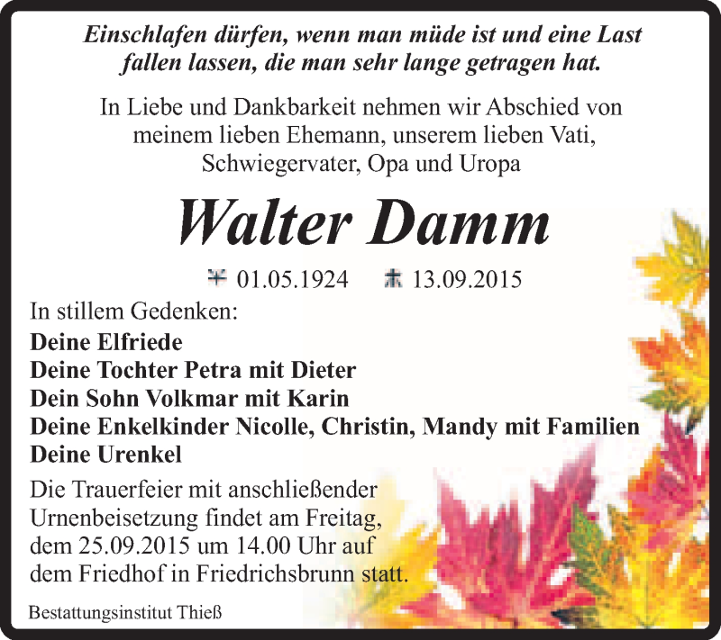  Traueranzeige für Walter Damm vom 19.09.2015 aus Super Sonntag Quedlinburg