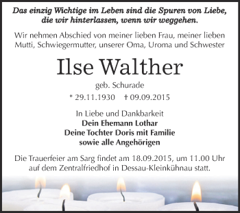 Traueranzeige von Ilse Walther von WVG - Wochenspiegel Dessau / Köthen