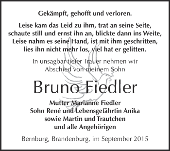 Traueranzeige von Bruno Fiedler von Super Sonntag Bernburg