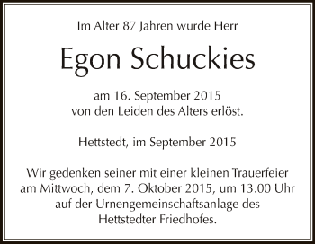 Traueranzeige von Egon Schuckies von Wochenspiegel Mansfelder Land