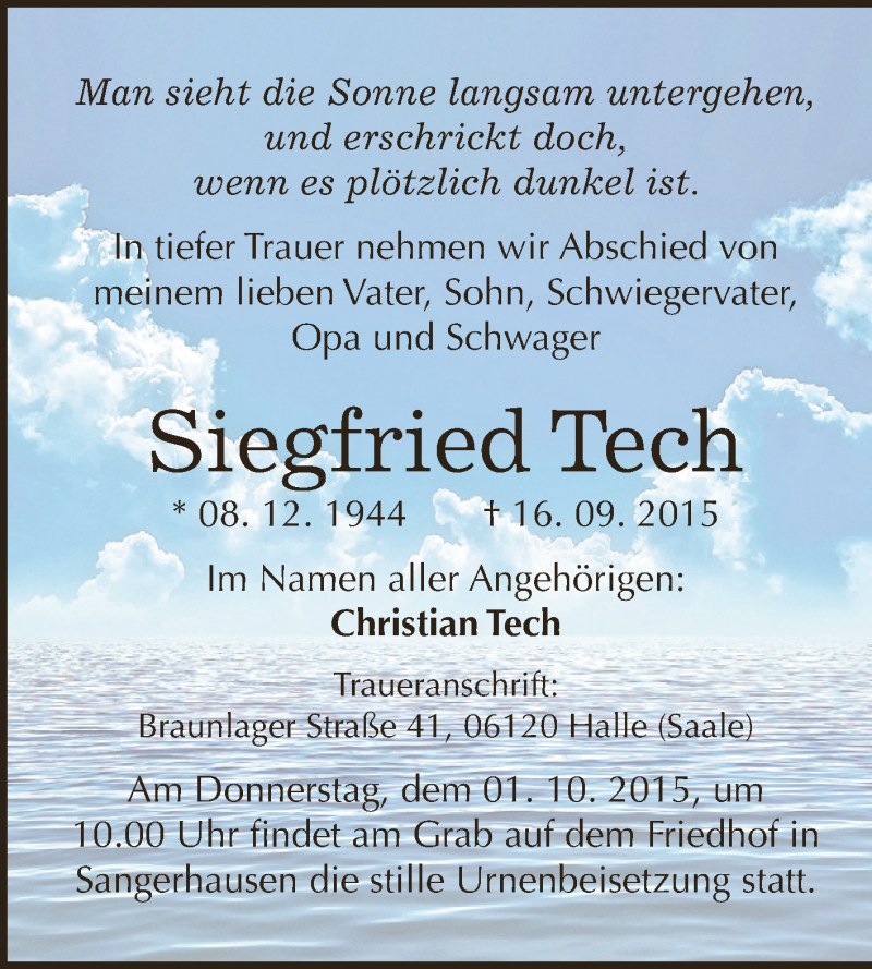  Traueranzeige für Siegfried Tech vom 23.09.2015 aus WVG - Wochenspiegel SGH