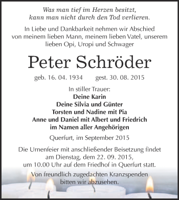 Traueranzeige von Peter Schröder von WVG - Wochenspiegel Merseburg