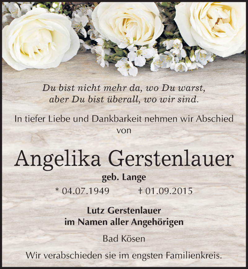  Traueranzeige für Angelika Gerstenlauer vom 04.09.2015 aus Mitteldeutsche Zeitung Naumburg/Nebra