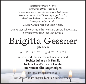 Traueranzeige von Brigitta Gessner von Mitteldeutsche Zeitung Naumburg/Nebra