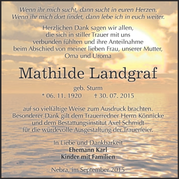 Traueranzeige von Mathilde Landgraf von WVG - Wochenspiegel NMB / WSF / ZTZ