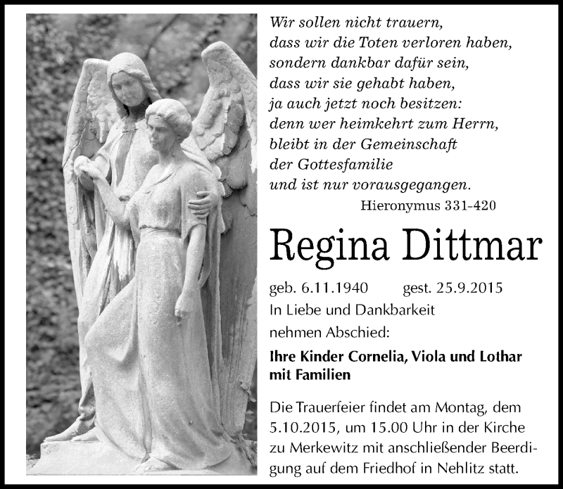  Traueranzeige für Regina Dittmar vom 30.09.2015 aus Mitteldeutsche Zeitung Halle/Saalkreis