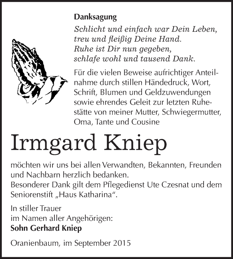  Traueranzeige für Irmgard Kniep vom 26.09.2015 aus WVG - Wochenspiegel Wittenberg