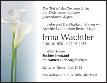 Traueranzeige von Irma Wachtler von Super Sonntag Zeitz