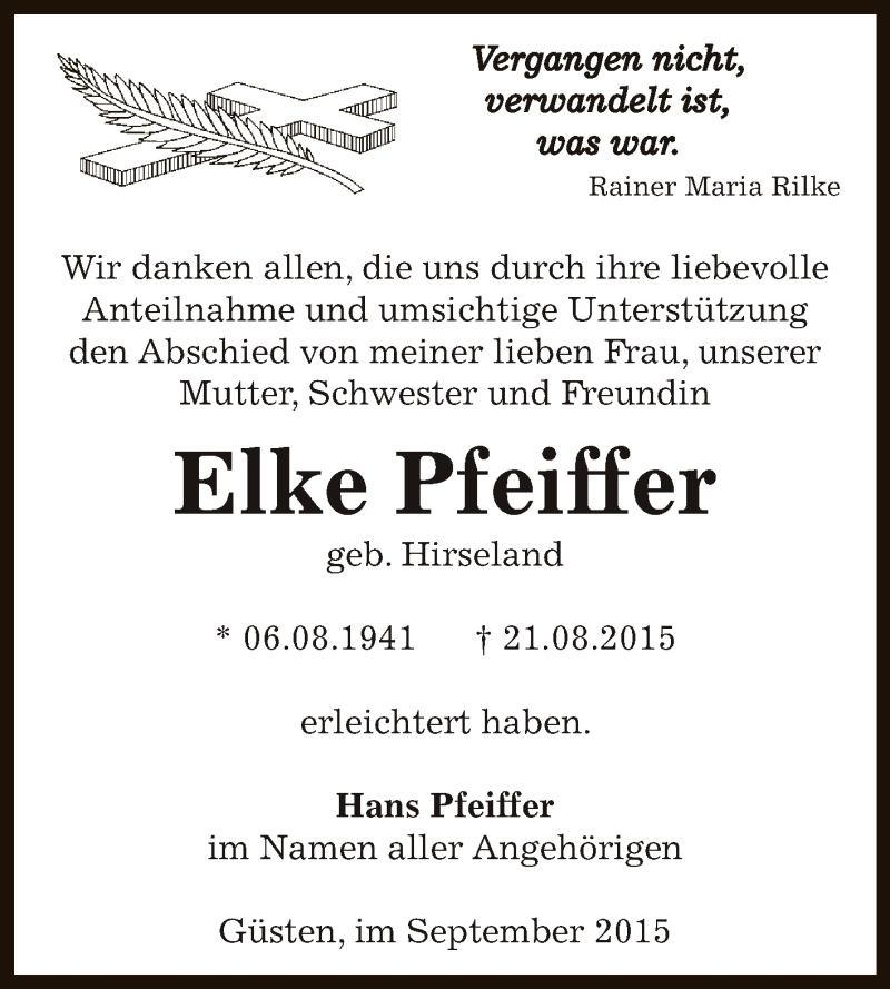  Traueranzeige für Elke Pfeiffer vom 19.09.2015 aus Super Sonntag Bernburg
