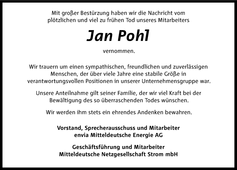  Traueranzeige für Jan Pohl vom 19.09.2015 aus Mitteldeutsche Zeitung Halle/Saalkreis
