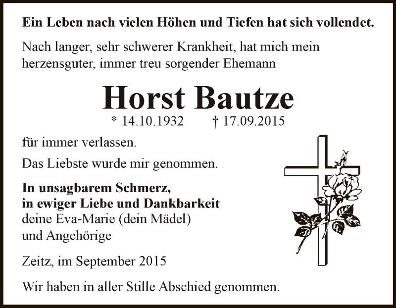  Traueranzeige für Horst Bautze vom 26.09.2015 aus Super Sonntag Zeitz