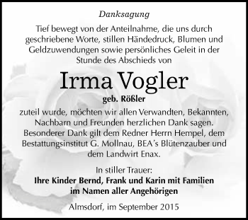 Traueranzeige von Irma Vogler von WVG - Wochenspiegel Merseburg