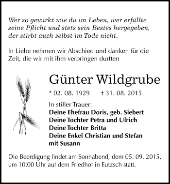 Traueranzeige von Günter Wildgrube von Mitteldeutsche Zeitung Wittenberg
