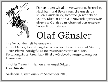Traueranzeige von Olaf Gänsler von Mitteldeutsche Zeitung Mansfelder Land