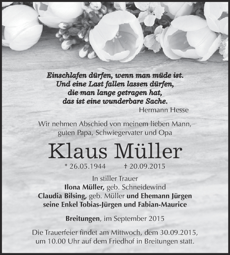  Traueranzeige für Klaus Müller vom 26.09.2015 aus Super Sonntag SGH Mansf. Land