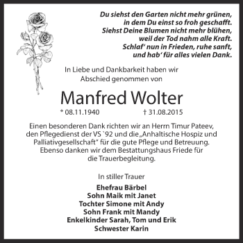 Traueranzeige von Manfred Wolter von WVG - Wochenspiegel Dessau / Köthen