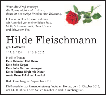 Traueranzeige von Hilde Fleischmann von WVG - Wochenspiegel Merseburg
