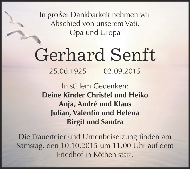  Traueranzeige für Gerhard Senft vom 12.09.2015 aus WVG - Wochenspiegel Dessau / Köthen