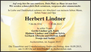 Traueranzeige von Herbert Lindner von Mitteldeutsche Zeitung Aschersleben