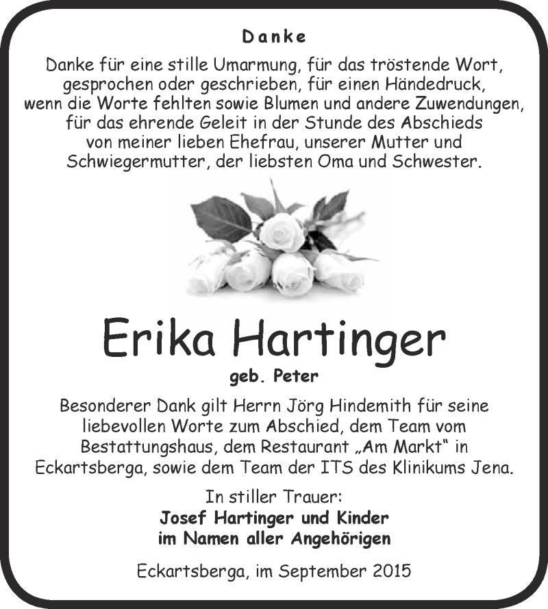  Traueranzeige für Erika Hartinger vom 30.09.2015 aus WVG - Wochenspiegel NMB / WSF / ZTZ