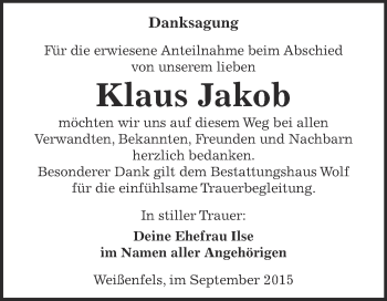 Traueranzeige von Klaus Jakob von WVG - Wochenspiegel NMB / WSF / ZTZ