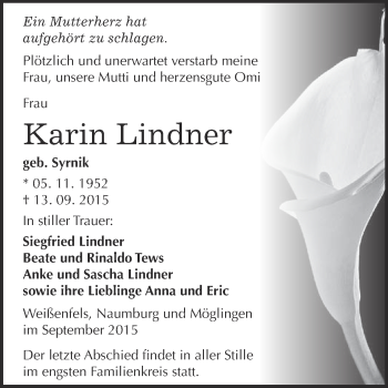 Traueranzeige von Karin Lindner von WVG - Wochenspiegel NMB / WSF / ZTZ