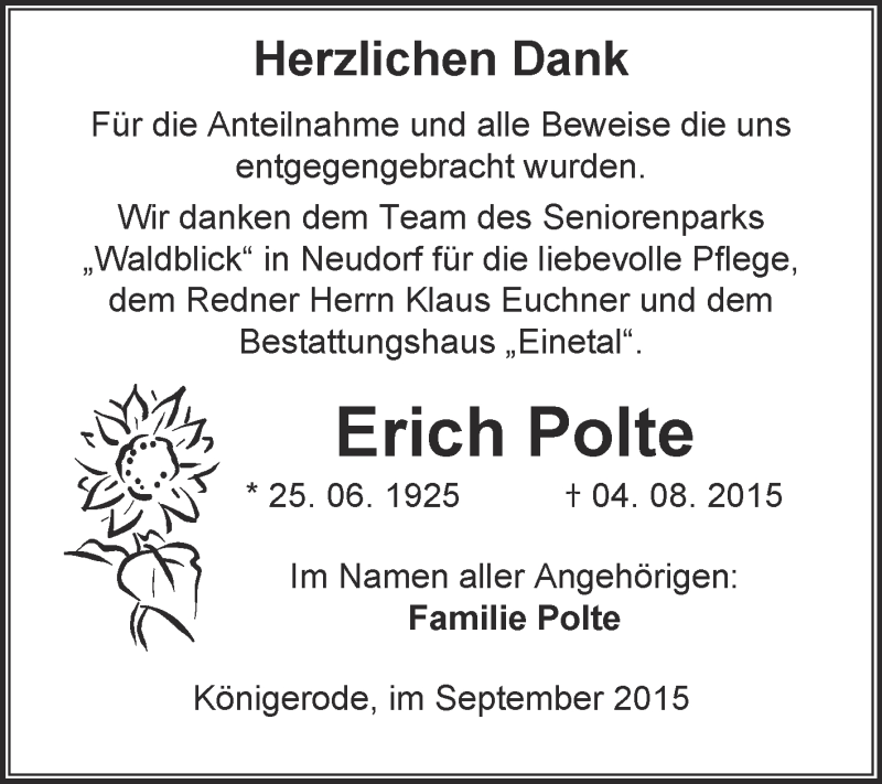  Traueranzeige für Erich Polte vom 12.09.2015 aus Super Sonntag Quedlinburg