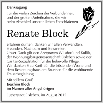 Traueranzeige von Renate Block von Wochenspiegel Mansfelder Land