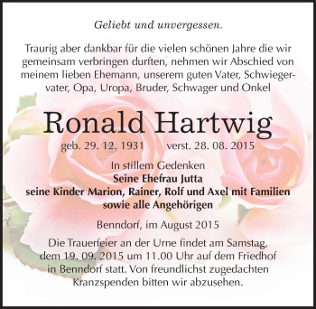 Traueranzeige von Ronald Hartwig von Mitteldeutsche Zeitung Mansfelder Land