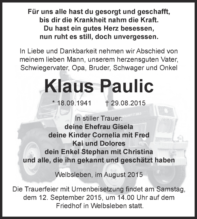  Traueranzeige für Klaus Paulic vom 05.09.2015 aus Super Sonntag SGH Mansf. Land