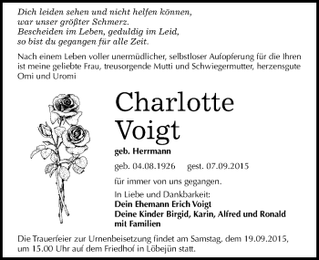 Traueranzeige von Charlotte Voigt von Mitteldeutsche Zeitung Halle/Saalkreis