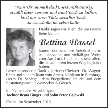 Traueranzeige von Bettina Hassel von Super Sonntag Bernburg